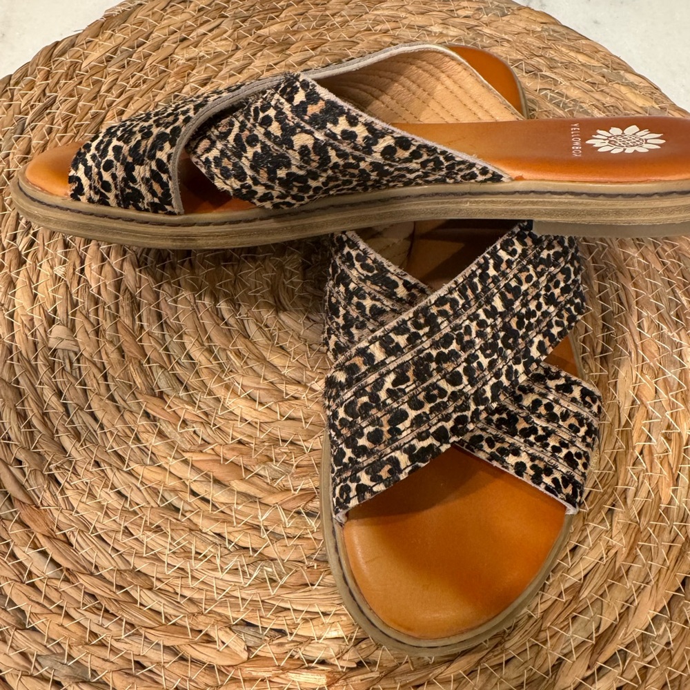 Yellow Box, criss-cross, leopard slip on